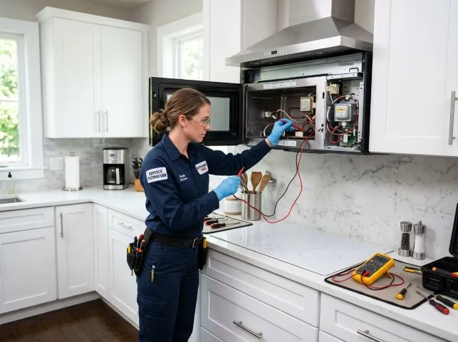 Appliance Repair Hero technician testing an over-the-range microwave in a Aredale, IA kitchen